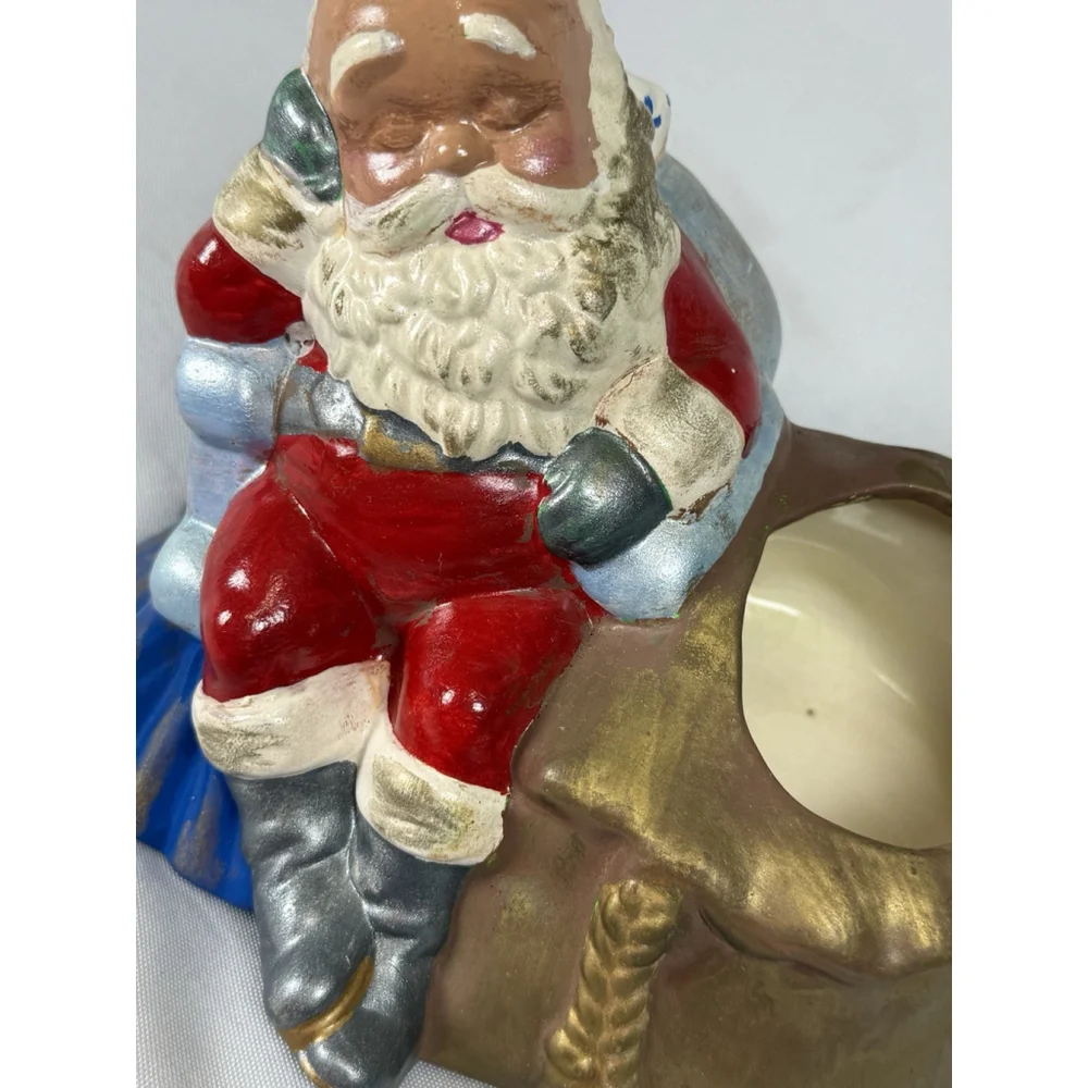 VINTAGE HANDPAINTED CERAMIC MOLD SLEEPING NAPPING SANTA PLANTER 6.5x4.5”